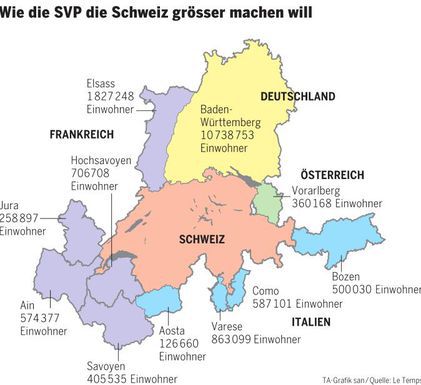 Map of the ‘enlarged’ switzerland according to the SVP motion (© tagesanzeiger/le temps)