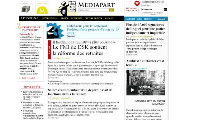 Eine investigative Website, völlig frei von Werbung: Mediapart.fr. Rechts oben können Leser den Zugang zum exklusiven Teil abonnieren.