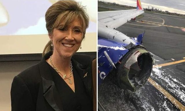 Nerven aus Stahl: Tammie Jo Shults, Pilotin von Flug 1380, und das zerstörte Triebwerk der Southwest-Maschine. Fotos: Keystone